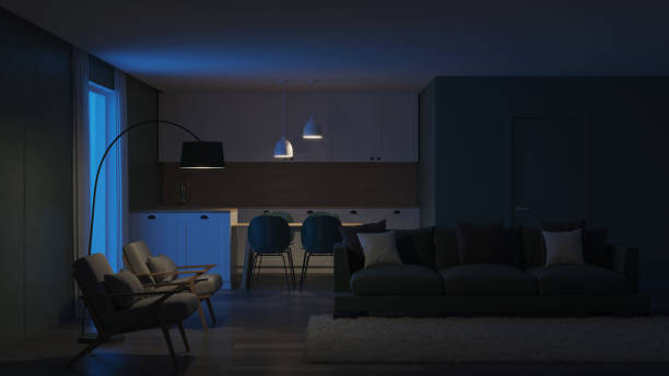 istock Modern house interior. Green color in the interior. Night. Evening lighting. 3D rendering. 1158368468