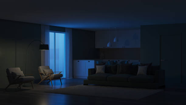 istock Modern house interior. Green color in the interior. Night. Evening lighting. 3D rendering. 1158368618