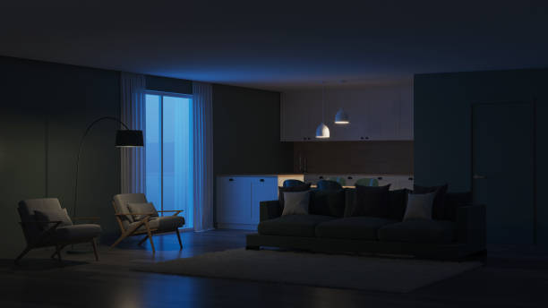 istock Modern house interior. Green color in the interior. Night. Evening lighting. 3D rendering. 1158368620