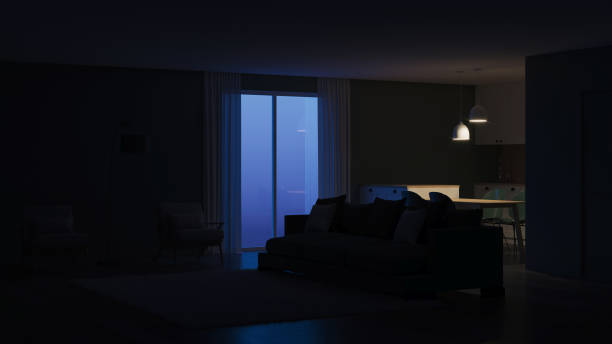istock Modern house interior. Green color in the interior. Night. Evening lighting. 3D rendering. 1158368626