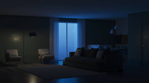 istock Modern house interior. Green color in the interior. Night. Evening lighting. 3D rendering. 1158368629