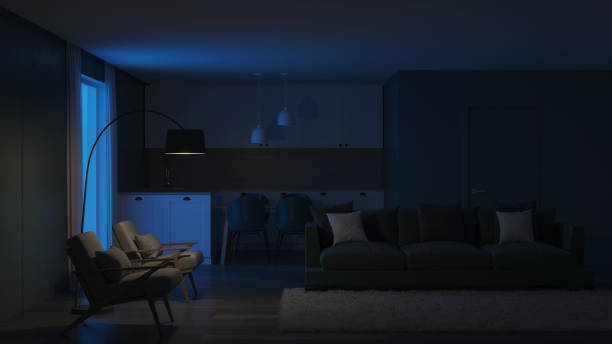 istock Modern house interior. Green color in the interior. Night. Evening lighting. 3D rendering. 1158368630