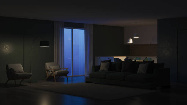 istock Modern house interior. Green color in the interior. Night. Evening lighting. 3D rendering. 1158368840