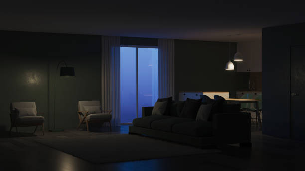 istock Modern house interior. Green color in the interior. Night. Evening lighting. 3D rendering. 1158368850