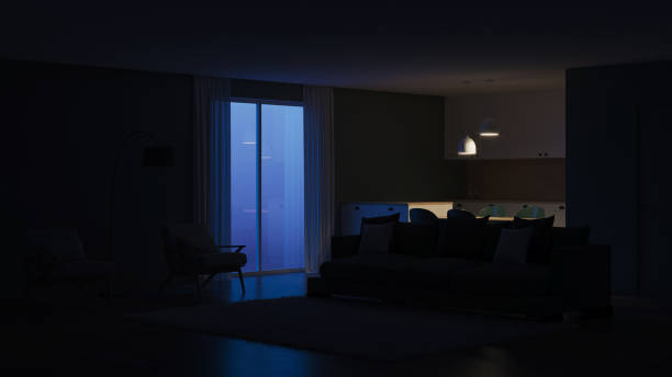 istock Modern house interior. Green color in the interior. Night. Evening lighting. 3D rendering. 1158370459