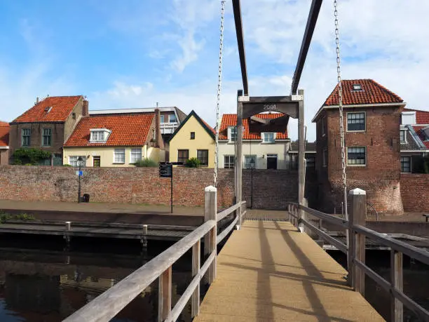 Pedestrian drawbridge from the historic southwall to the glassworks, Leerdam, Netherlands