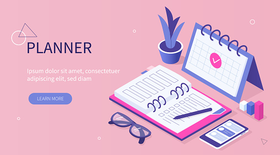 Planner concept. Can use for web banner, infographics, hero images. Flat isometric vector illustration isolated on white background.