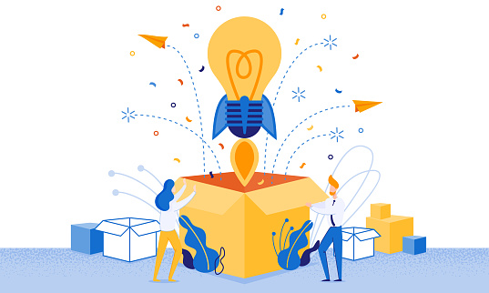 Banner Successful Launch New Idea Cartoon Flat. Incandescent in Form Rocket Takes off from Large Box. Man and Woman Rejoice at Launch New Successful Idea or Project. Vector Illustration.