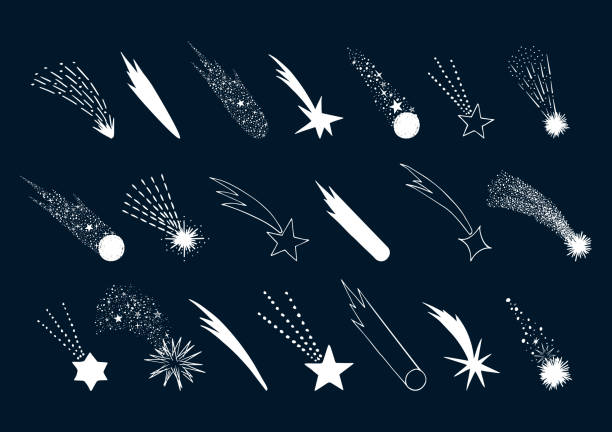 satz von hand gezeichnet fallende sterne. vektor-komet. schießen lichter. isolierte illustration. doodle-stil. - meteor stock-grafiken, -clipart, -cartoons und -symbole