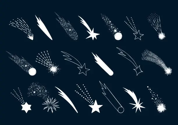Vector illustration of Set of hand drawn falling stars. Vector comet. Shooting lights. Isolated illustration. Doodle style.