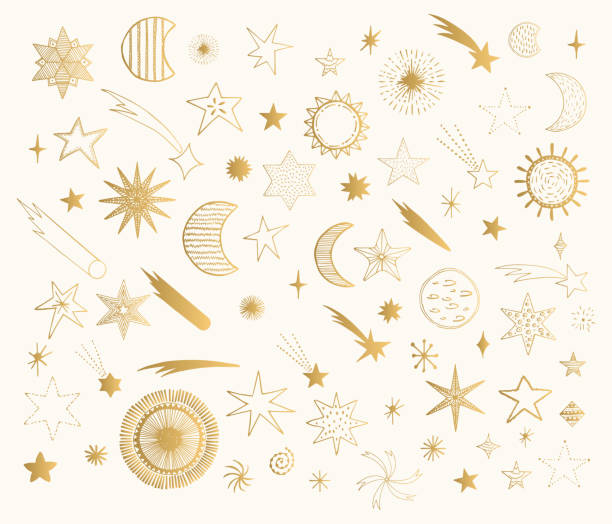 набор каракули солнца, планеты, луны, кометы и звезд. векторная золотая иллюстрация. - flying vacations doodle symbol stock illustrations