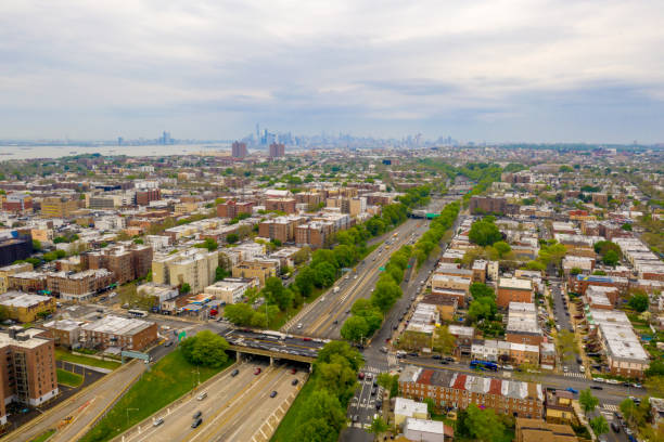 Brooklyn district in New York on a cloudy day Aerial view on the Brooklyn district in New York on a cloudy day mountain ridge stock pictures, royalty-free photos & images