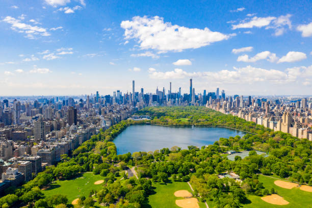 Aerial view of the Central park in New York with golf fields Aerial view of the Central park in New York with golf fields and tall skyscrapers surrounding the park. new york city stock pictures, royalty-free photos & images
