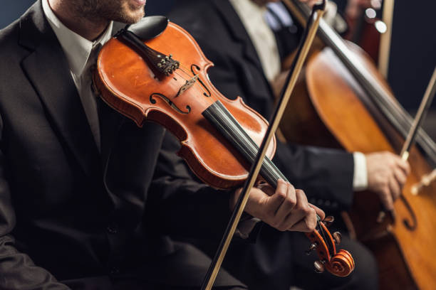 orchestra sinfonica d'archi che si esibisce sul palco - symphonic foto e immagini stock