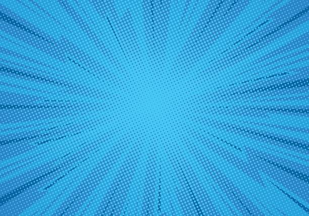 Comic pop art background lightning blast halftone dots. Cartoon vector illustration on blue