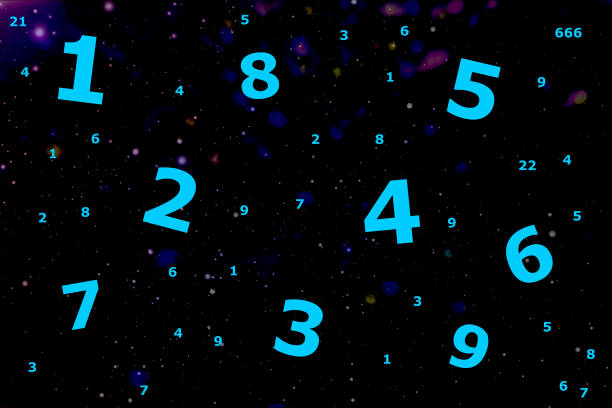 istock Blue figures and numbers fly in the space sky, numerology 1158385773
