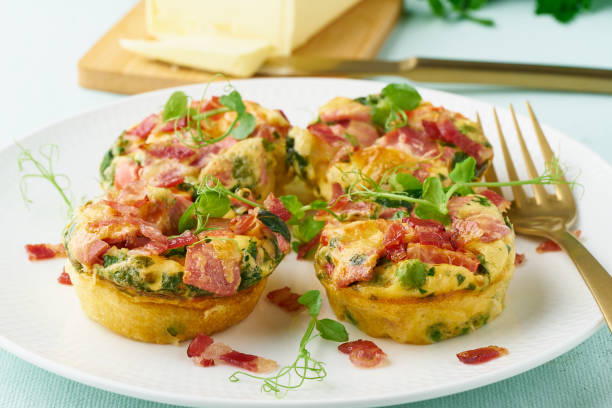 istock Egg muffin baked with bacon, ketogenic keto diet, pastel modern closeup 1158389724