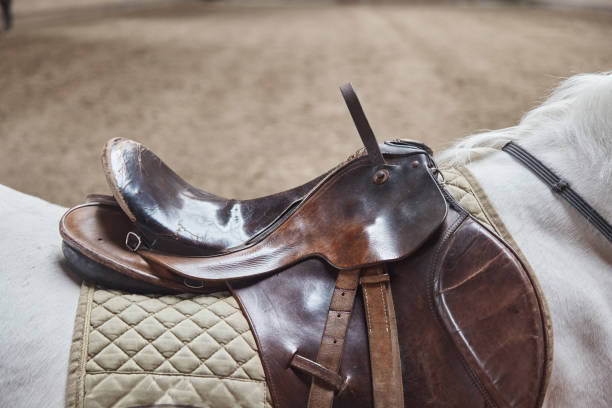 istock Leather horse saddle closeup. For the rider. 1158391185