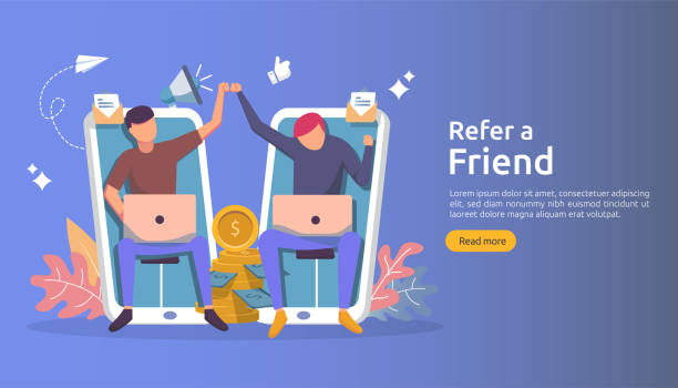 ilustraciones, imágenes clip art, dibujos animados e iconos de stock de referir una asociación de afiliados amigos y ganar dinero. estrategia de concepto de marketing. personas personaje compartiendo negocios de referencia. plantilla para página de destino web, banner, presentación, póster o medios impresos - earn