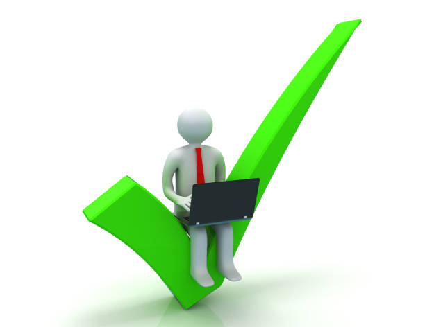 istock 3d rendering of man with laptop sitting on the right mark 1158392410