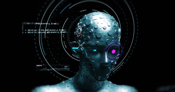 advanced ai robot lee datos de futuristic hud - renderizado de ilustración 3d - biomecánica fotografías e imágenes de stock