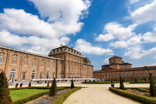 Turin, Italy - Apr 4th, 2015: Reggia di Venaria Reale 1658-1679, ancient palace, residences of the Royal House of Savoy. UNESCO world heritage site in Turin, Piedmont, Italy. It was designed by the architect Amedeo di Castellamonte