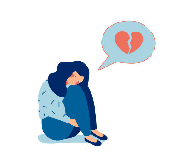Young sad woman with broken heart unhappy hugging her knees and cry Young sad woman with broken heart unhappy hugging her knees and cry. Woman in depression with gloomy thoughts in speech bubble. Vector dividing illustrations stock illustrations