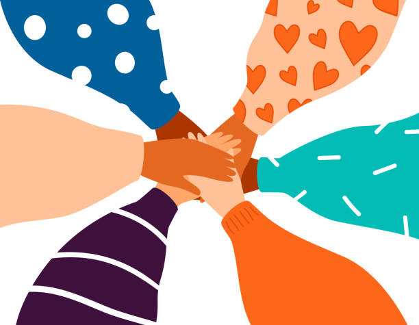 Six female hands support each other, concept of teamwork and Friendship Six female hands support each other, concept of teamwork, women power. Diverse human hands united for social freedom and peace. Friendship concept on white background partnership teamwork illustrations stock illustrations