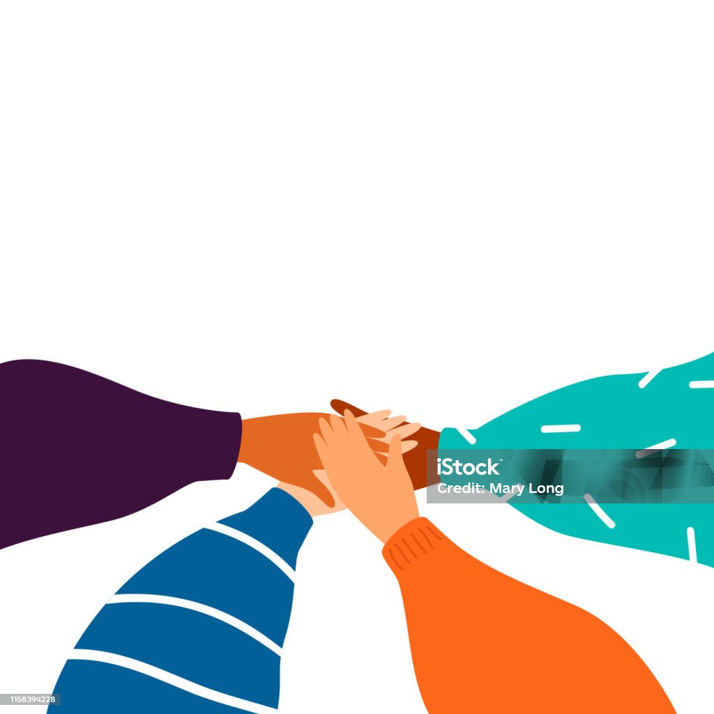 Cartoon Four human hands support each other Cartoon Four human hands support each other. Concept of teamwork with copy space. Diverse female hands united for social freedom and peace, women power. Vector Support stock vector