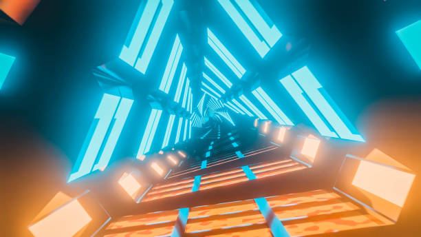 Triangle tunnel made of multi colored neons Digitally generated space. Triangle shape tunnel with blue and orange illuminations triangle building stock pictures, royalty-free photos & images