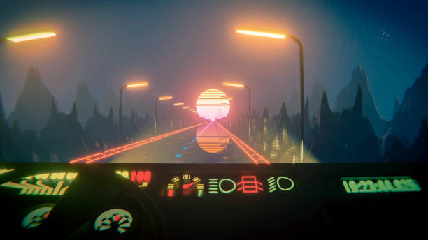 istock 80s fluorescent night background. Driver POV 1158398039