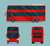 Double-decker bus isolated. Bus with side view, back view and front view. Vector flat style illustration.