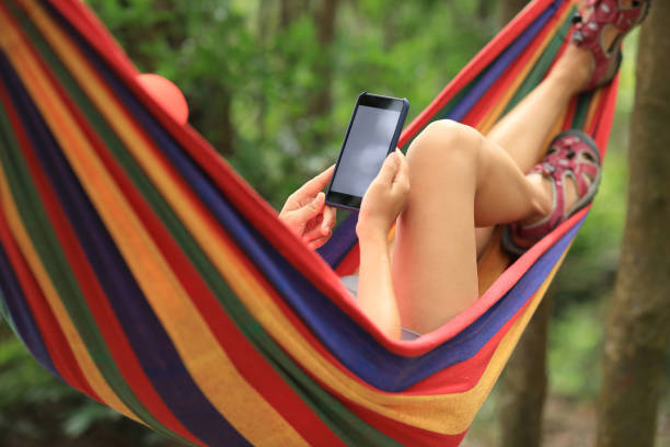 istock Woman hiker relaxing in hammock with smartphone in forest 1158405563