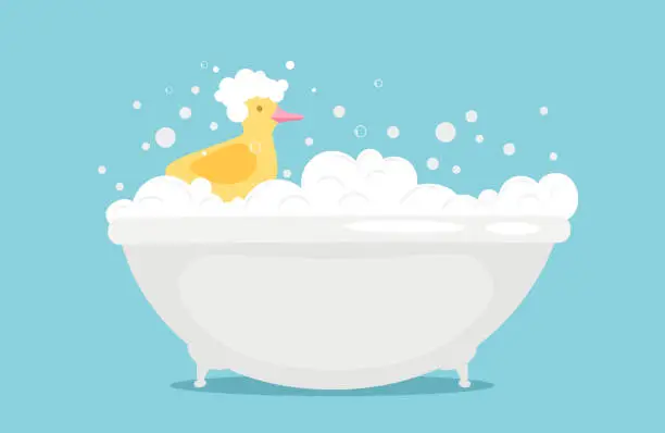 Vector illustration of Bathtime vector illustration with soap foam and yellow rubber duck