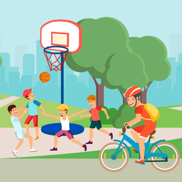 フラット漫画アクティブティーンエイジャーのキャラクターはスポーツを行います - basketball teenager nature outdoors点のイラスト素材／クリップアート素材／マンガ素材／アイコン素材
