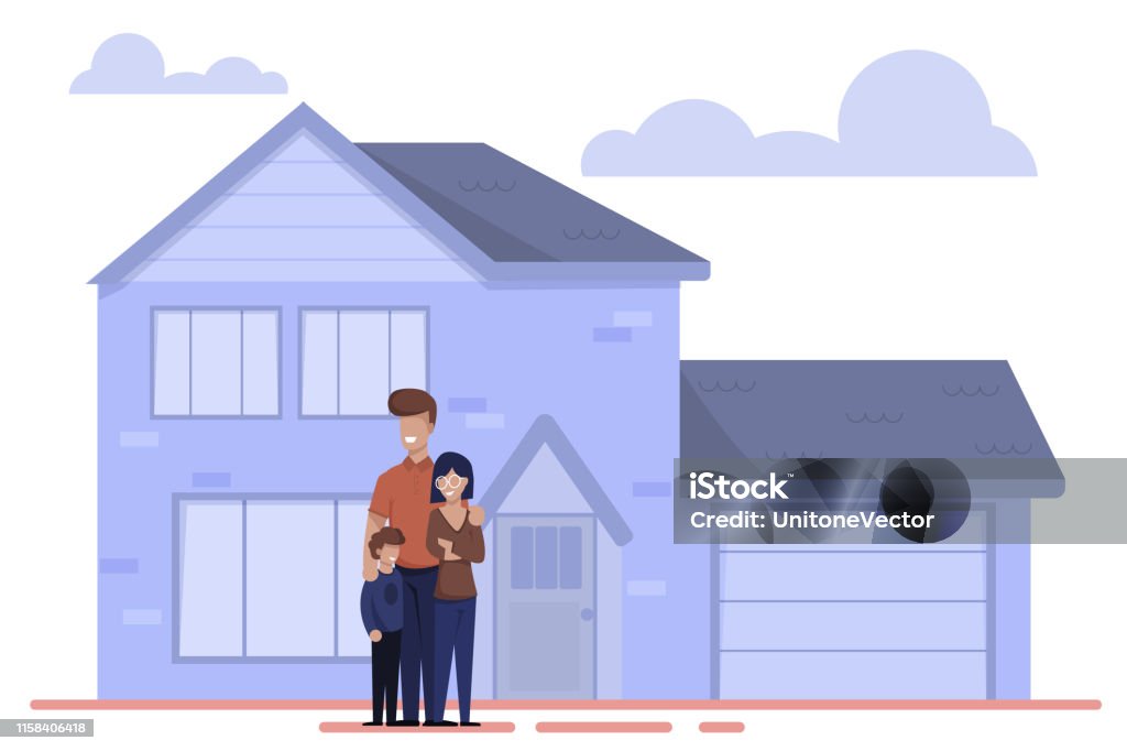 Happy Cartoon Family Stand Outside Near New Home Stock Illustration -  Download Image Now - House, Family, Outdoors - iStock