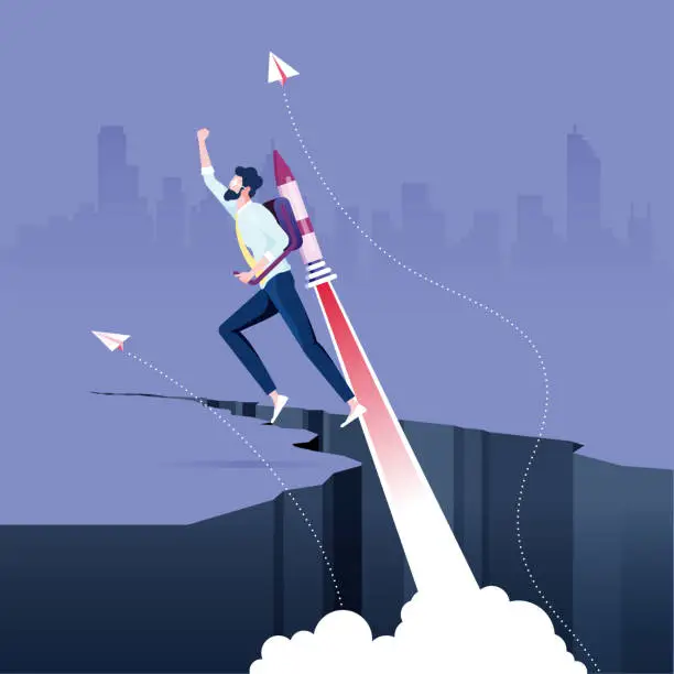 Vector illustration of Businessman flying on rocket from rock gap