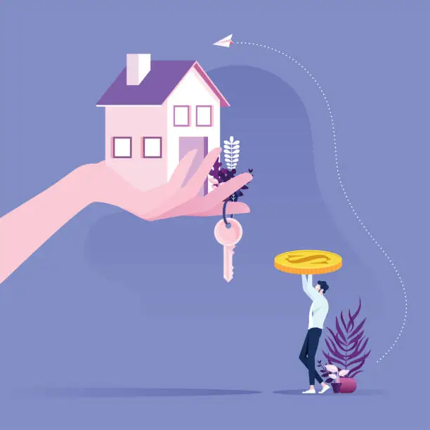 Vector illustration of Real Estate Concept. Businessman buying a house with hand giving keys and house.