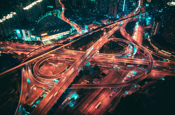 Aerial view of overpass at night