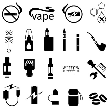 E-cigarette and vaping products icons. Single color. Isolated.