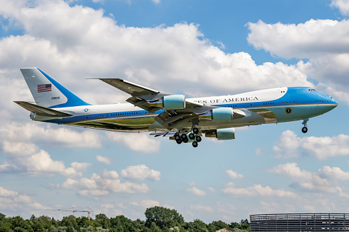 HAMBURG / GERMANY - JULY 6, 2017: United States Air Force USAF Boeing 747-200 VC-25A Air Force One 92-9000 passenger plane with american president onboard landing at Hamburg Airport for G20 summit