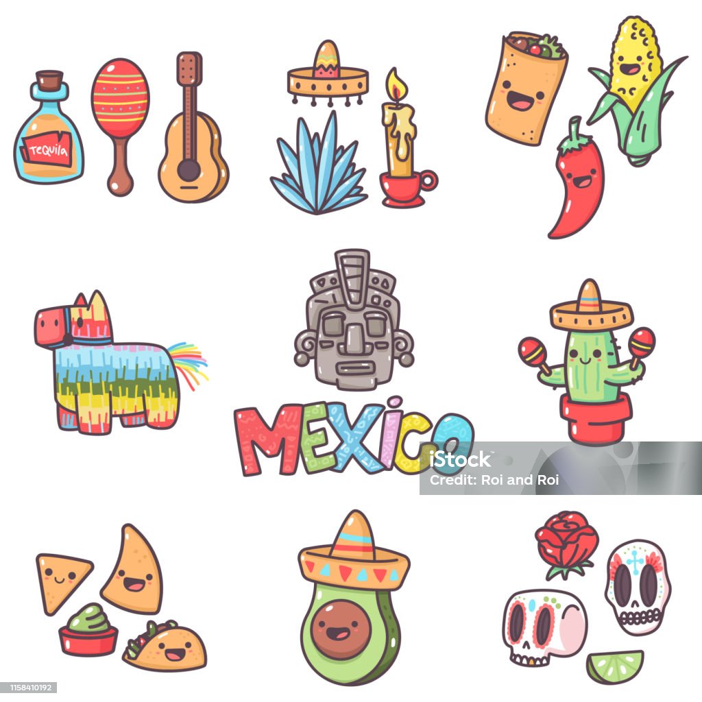 Ilustración de Elementos De La Tradición Mexicana Con Emociones Lindas Para  Fiestas Y Días Festivos Dibujos Animados Vectoriales Conjunto Aislado Sobre  Un Fondo Blanco y más Vectores Libres de Derechos de Piñata -