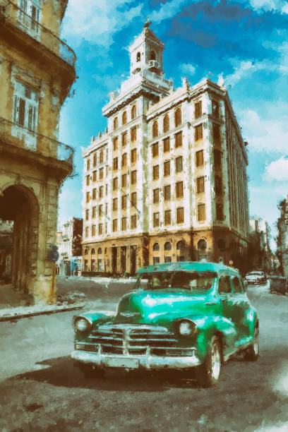 auto oldtimer verde vintage che guida attraverso lo stile di pittura acrilico dell'avana vecchia di cuba - taxi retro revival havana car foto e immagini stock