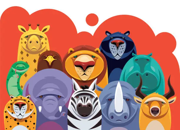 Vector illustration of group of wild sad animals