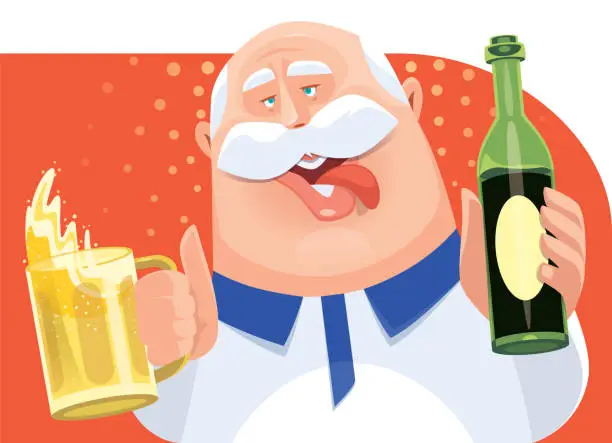 Vector illustration of old man holding mug of beer and bottle