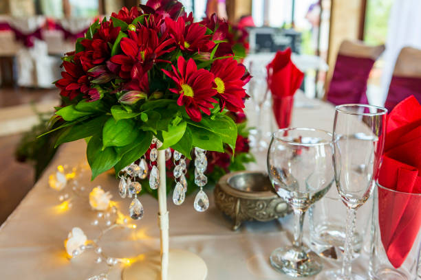 istock decorated in a red wedding table in a restaurant. 1158419955
