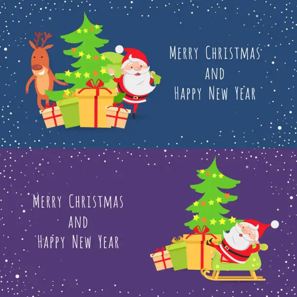 Vector illustration of Merry Christmas and Happy New Year. Set of Icons