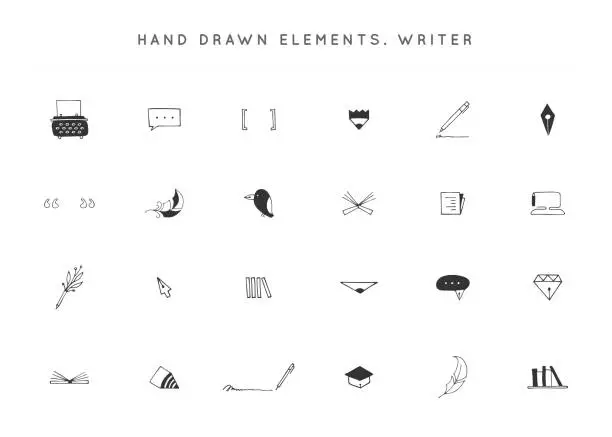 Vector illustration of Set of vector hand drawn icons. Writing, copywrite and publishing theme.