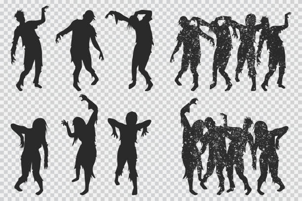 ilustraciones, imágenes clip art, dibujos animados e iconos de stock de silueta negra zombi. iconos vectoriales de halloween establecidos aislados sobre un fondo transparente. - zombie halloween cemetery human hand