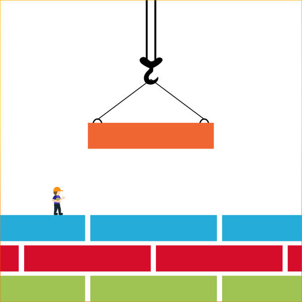 Bright vector illustration on the theme of Building. The crane hook lowers down the orange brick blocks. Template construction sites or other projects. Bright vector illustration on the theme of Building. The crane hook lowers down the orange brick blocks. Template construction sites or other projects. Blank space for text. presentation speech borders stock illustrations